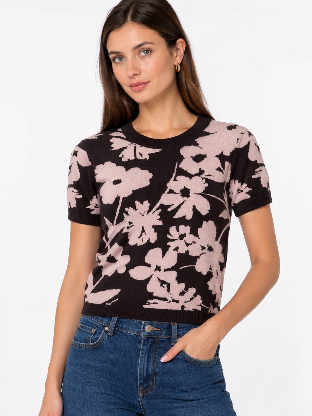 Dark Romantic Floral Knit Top Balletcore Soft Girl Chocolate Brown Blush